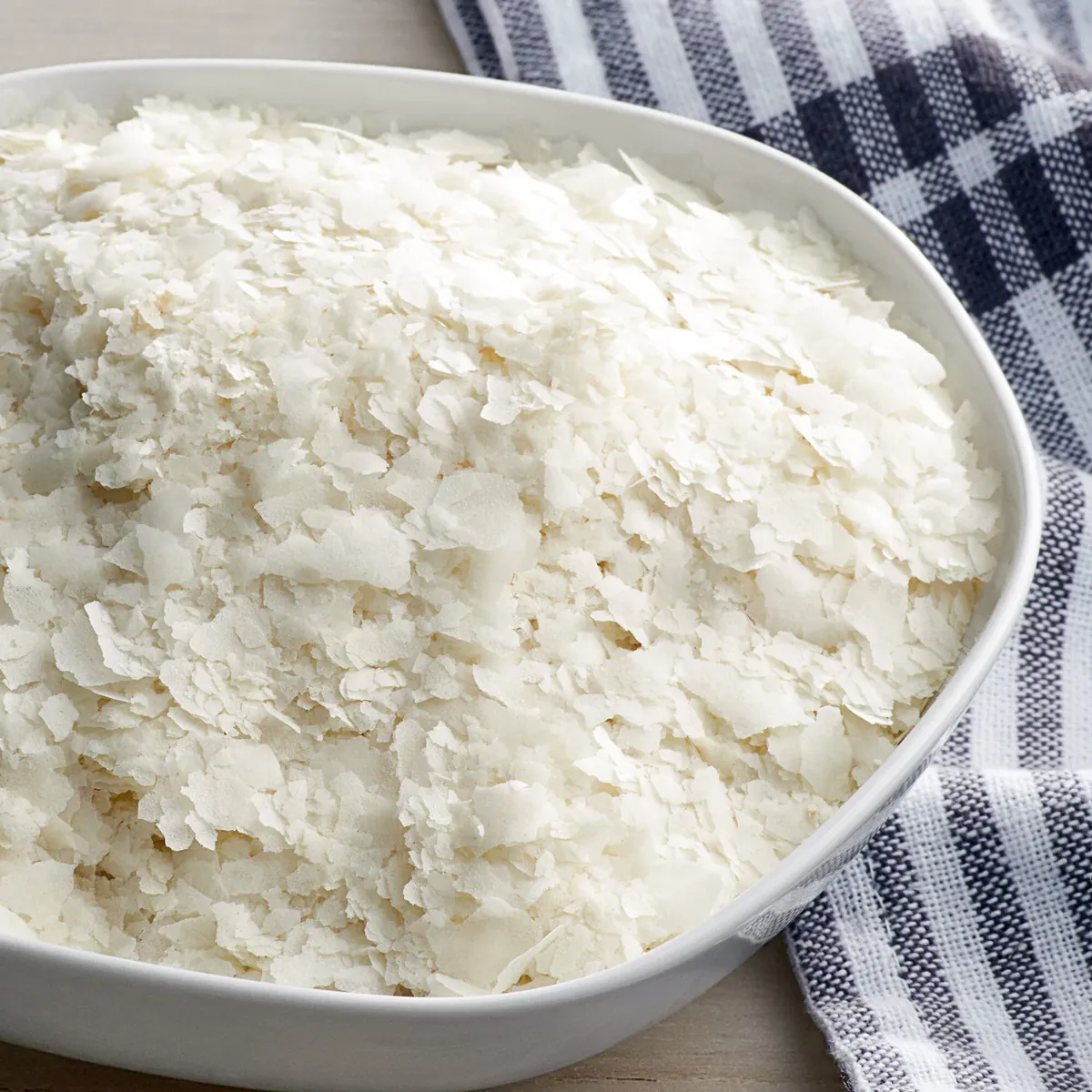 Food-grade potato flakes close-up for instant mashed potatoes and fabricated potato chips