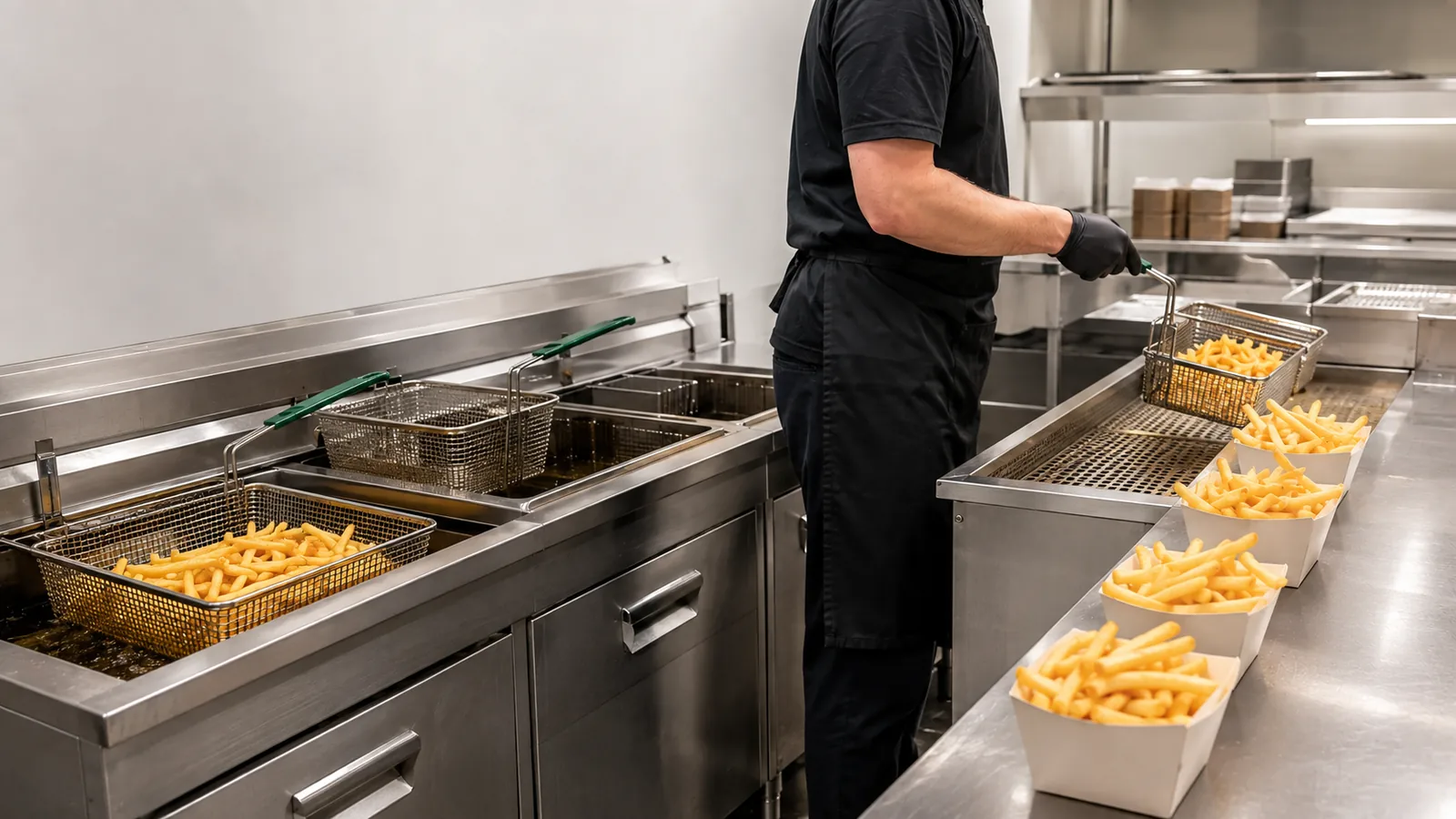 Frozen French fries in a foodservice holding display
