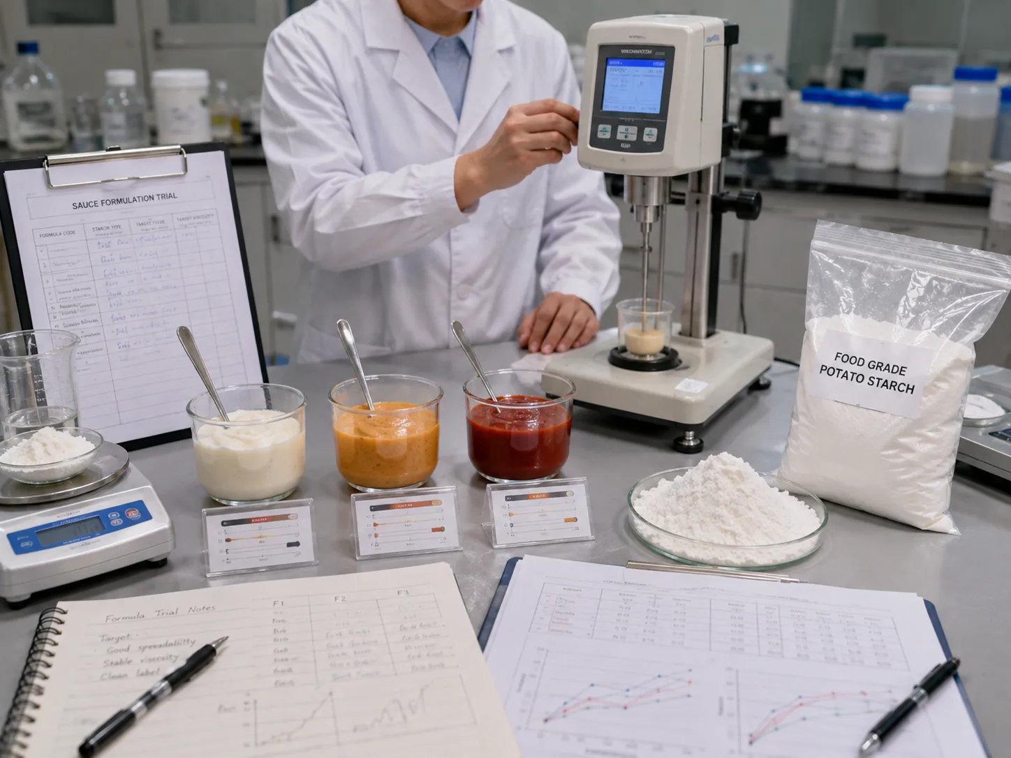 Viscosity and flow testing of potato starch in soup base at the Junsheng lab